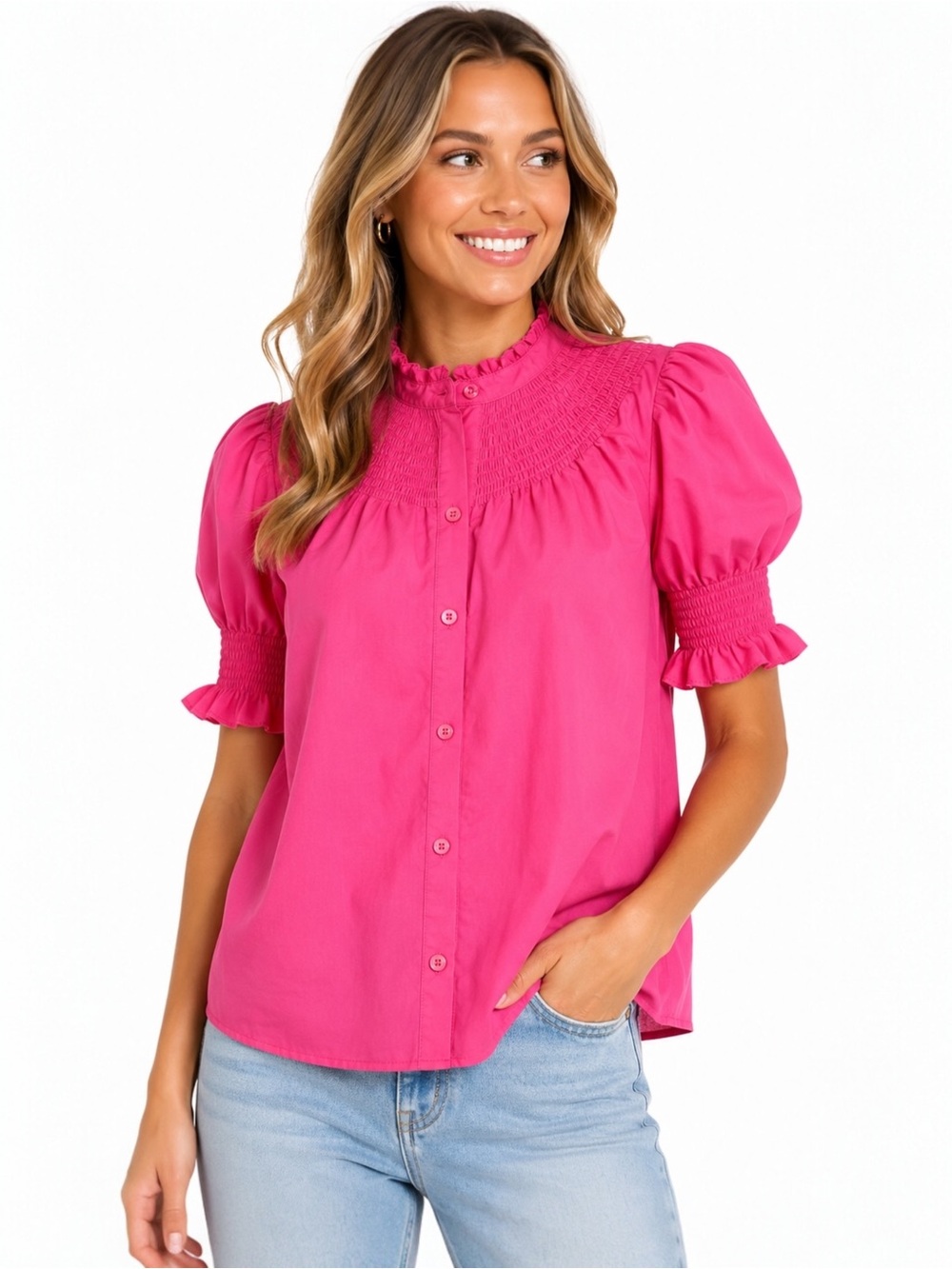 SSYS The Label Hot Pink Smocked Puff Sleeve Button Front Top Small